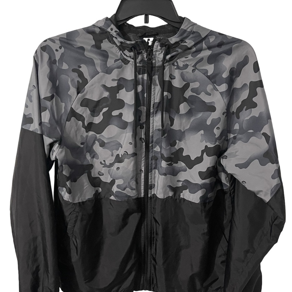 Russell Athletic Black and Gray Camo Windbreaker Hoodie Sz Small (34-36)